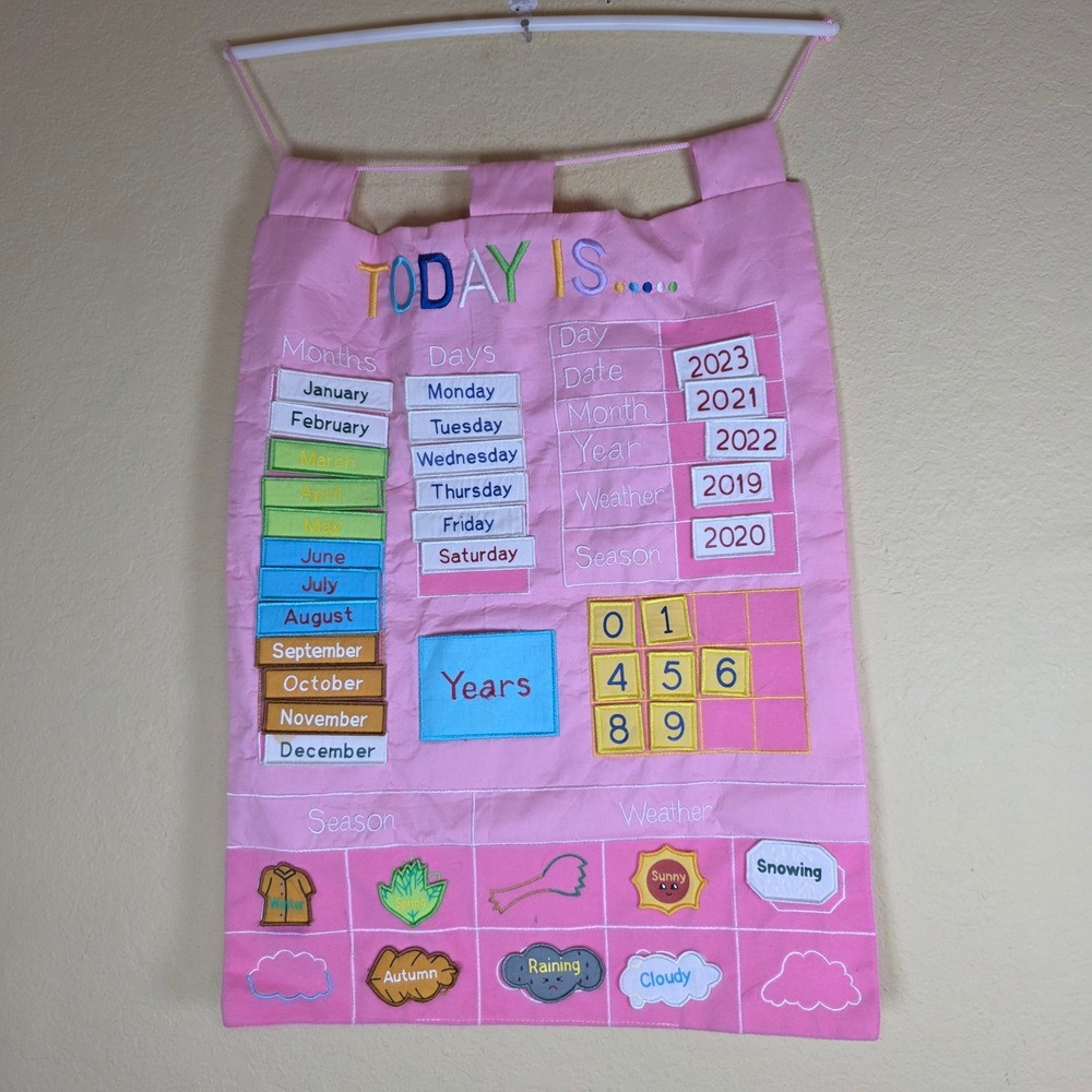 Kids Interactive Fabric Wall Calendar Pink Educational Weather Season Chart